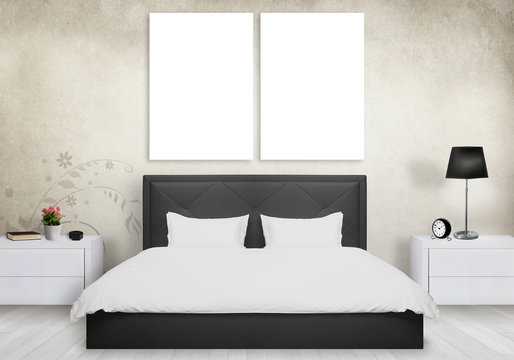 Isolated art canvas in bedroom. Bed, nightstand, lamp, plant, clock.
