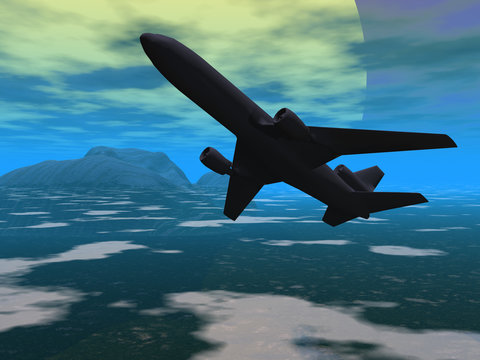 A silhouetted DC10 Jet rising into a sunset sky 