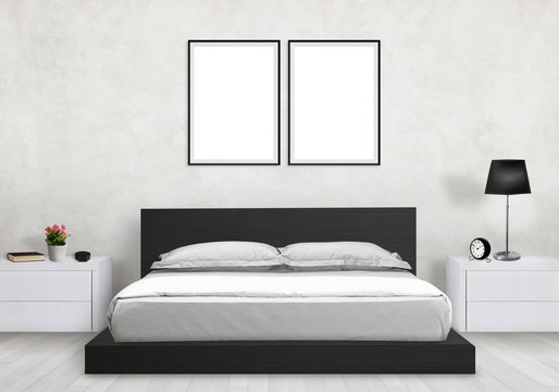 Isolated art frames in bedroom. Bed, nightstand, lamp, plant, clock.