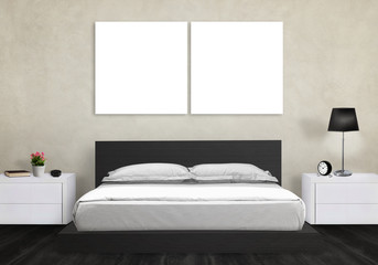 Isolated art canvas in bedroom. Bed, nightstand, lamp, plant, clock.