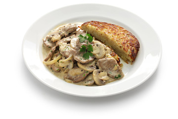 Zurich style veal stew and rosti potato, Swiss cuisine