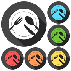 Restaurant Sign with Spoon, Fork and Knife icons set with long shadow