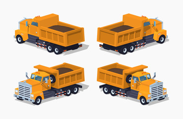 Loaded orange dumper. 3D lowpoly isometric vector illustration. The set of objects isolated against the white background and shown from different sides