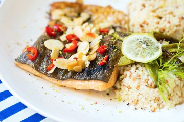 Grilled salmon , couscous and buckwheat