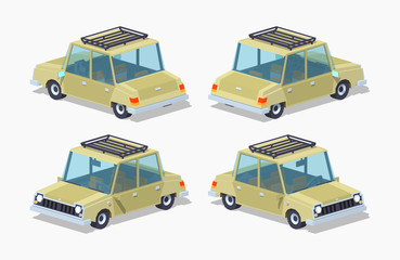 Old beige sedan. 3D lowpoly isometric vector illustration. The set of objects isolated against the white background and shown from different sides