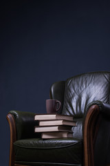Green leather armchair with books in front of the wall