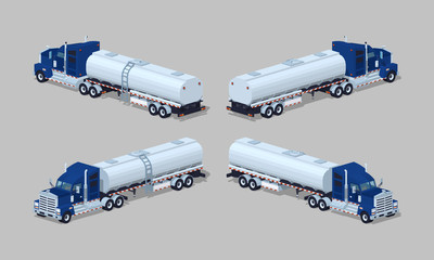 Dark-blue heavy truck with silver tank-trailer. 3D lowpoly isometric vector illustration. The set of objects isolated against the grey background and shown from different sides
