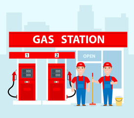 gas station workers in uniform concept illustration gas station with pumps and shop