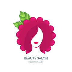 Female face silhouette on flower or raspberry background. Negative space vector logo design. Concept for beauty salon, cosmetics labels, stickers, massage and spa. Natural care and beauty.