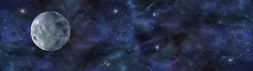 Blue Moon Deep Space Banner - wide website header of deep space night sky, with a blue moon on left...