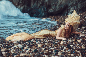 Beautiful fashionable mermaid sitting on a rock by the sea