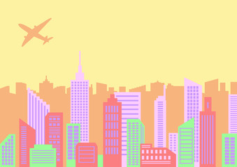 Fototapeta premium Vector illustration of the passenger plane flying over skyscrapers of the big city