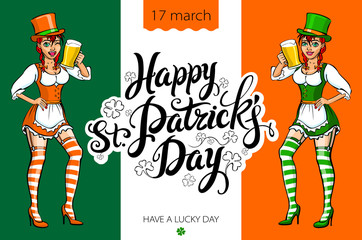 Cute girl serving Saint Patrick's Day beer - vector banner