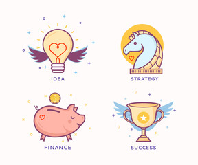 Thin line flat design of launching new business idea, market innovation project, shuttle takeoff on a success mission. Modern vector illustration concept, isolated on white background
