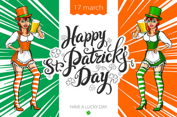 Cute girl serving Saint Patrick's Day beer - vector banner