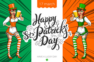 Cute girl serving Saint Patrick's Day beer - vector banner