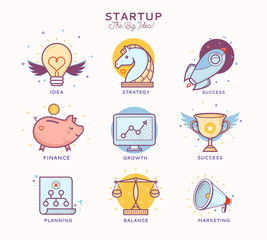 Flat line icons of business project startup process, from idea through planning and strategy, marketing, finance, to realization and success.