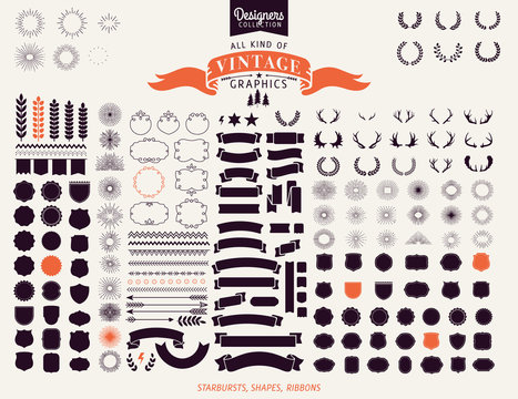 Premium design elements. Starbursts, frames and ribbons Designers Collection