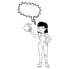 speech bubble cartoon female worker with coffee mug