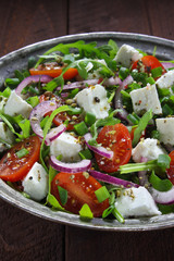 Salad with arugula, tomato, cheese and red onion