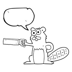 speech bubble cartoon beaver with saw