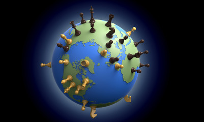 symbol of geopolitics the world globe with chess pieces