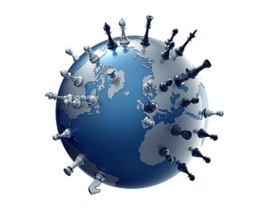 symbol of geopolitics the world globe with chess pieces - obrazy, fototapety, plakaty