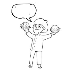 speech bubble cartoon chef with burgers