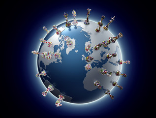 symbol of geopolitics the world globe with chess pieces
