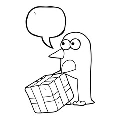 speech bubble cartoon penguin with christmas present