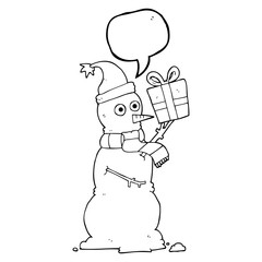 speech bubble cartoon snowman holding present