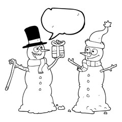 speech bubble cartoon snowmen exchanging gifts