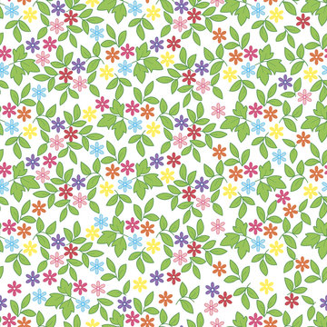 Colorful seamless pattern with flowers and leaves on white background