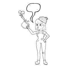 speech bubble cartoon female worker with coffee mug