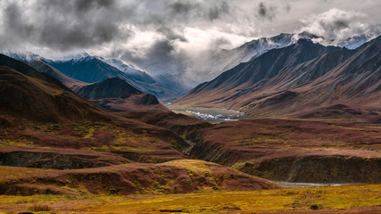 A braided river channel emerges from high mountains in Denali National Park.