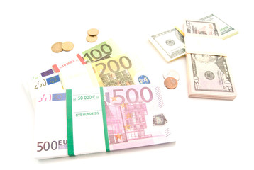 euro and dollars banknotes and coins