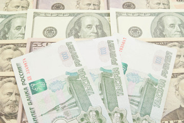 different dollars notes and russian banknotes