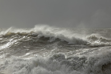 Stormy sea waves with winter light