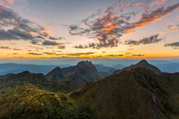 Layer of mountains and mist at sunset time, Landscape at Doi Luang Chiang Dao, High mountain in Chiang Mai Province, Thailand