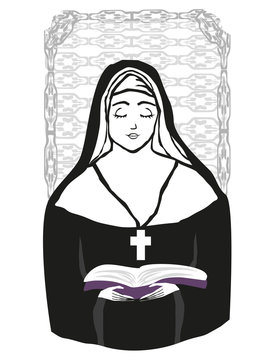 nun reading book, black and white clip art preview