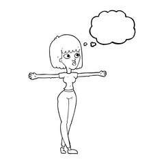 thought bubble cartoon woman spreading arms