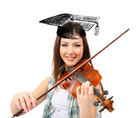 Beautiful young woman and violin with graduation cap, isolated on white © Africa Studio
