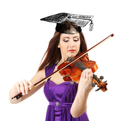Beautiful young woman and violin with graduation cap, isolated on white