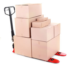 Obraz premium Fork pallet truck with stack of cardboard boxes isolated on white