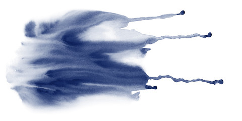 Indigo fluid watercolor stains texture with drib. Abstract hand painting background on white. © larisa_zorina