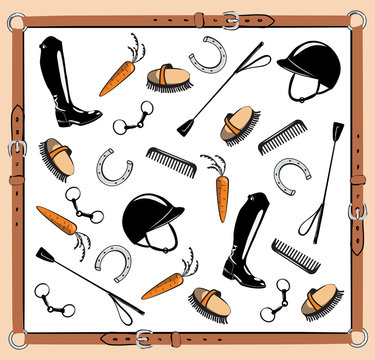 Horse riding tack in leather belt frame. Vector bit, whip, brush, horseshoe, riding boot, snaffle. Equine background.