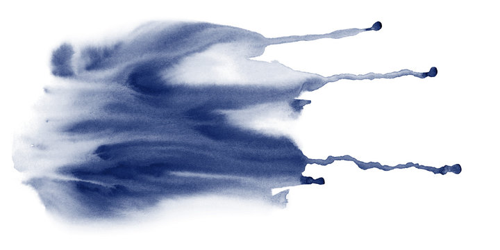Indigo fluid watercolor stains texture with drib. Abstract hand painting background on white.