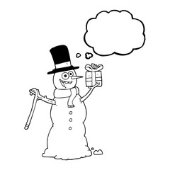 thought bubble cartoon snowman holding present