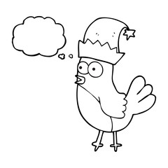 thought bubble cartoon robin in christmas hat