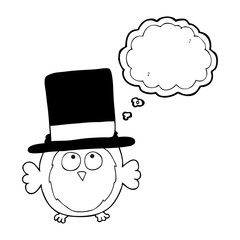 thought bubble cartoon owl wearing top hat